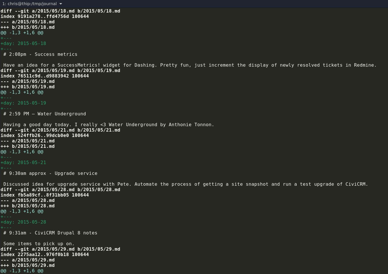 Screenshot of git commit message showing backfilled dates in journal entries from years ago